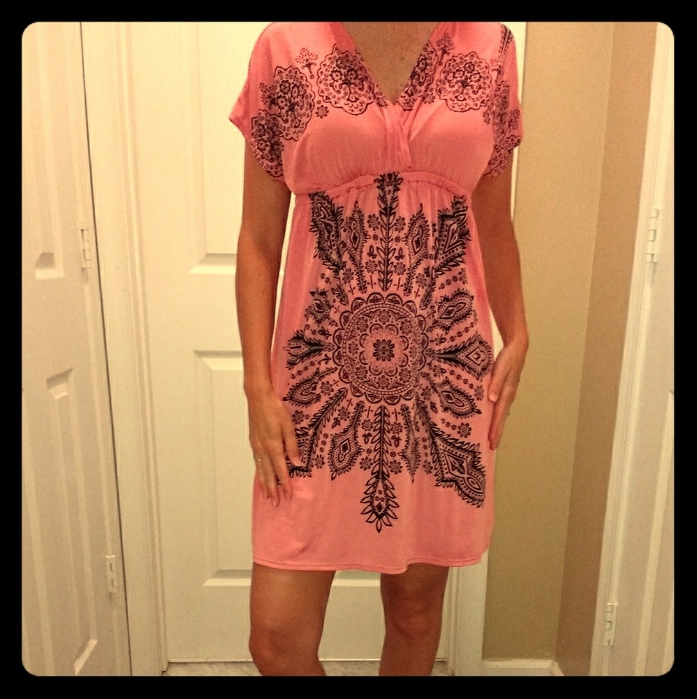 Coral with black accents slide on V-neck dress